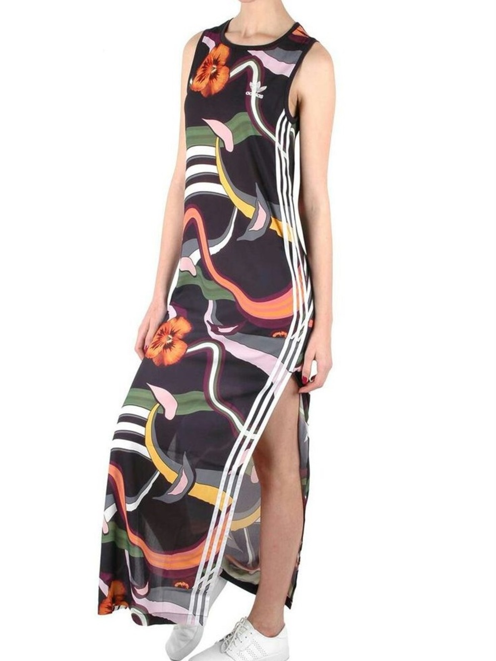 adidas Black Floral-Print Sleeveless Maxi Dress with Side Slit